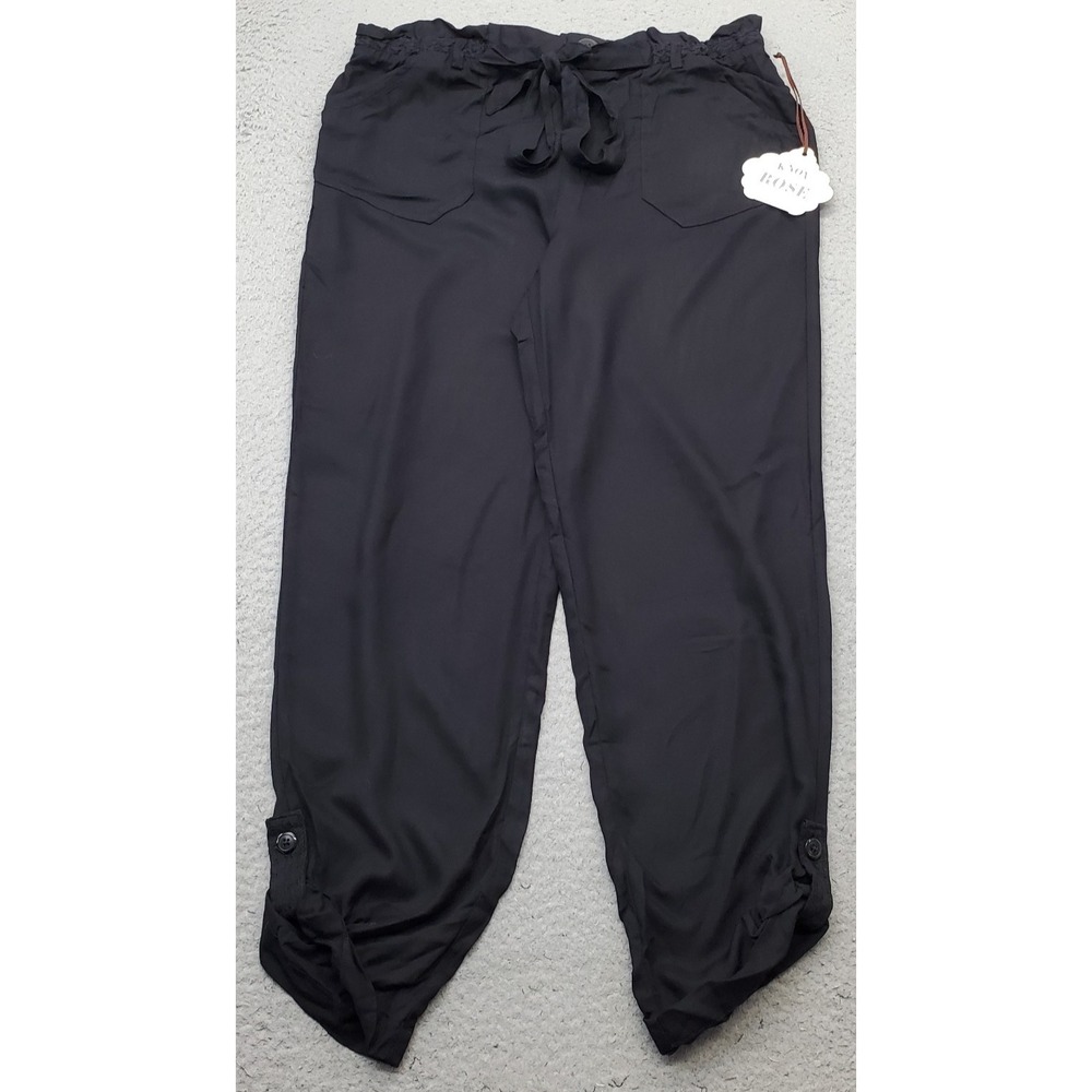 Knox Rose Ankle Pants Womens Medium Black Roll Cuffed Paperbag Drawstring Waist